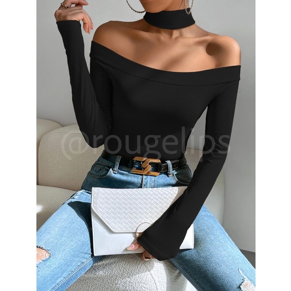 Black Off Shoulder Slim Fit Shirt Top Long Sleeve Mock Neck - Picture 2 of 7